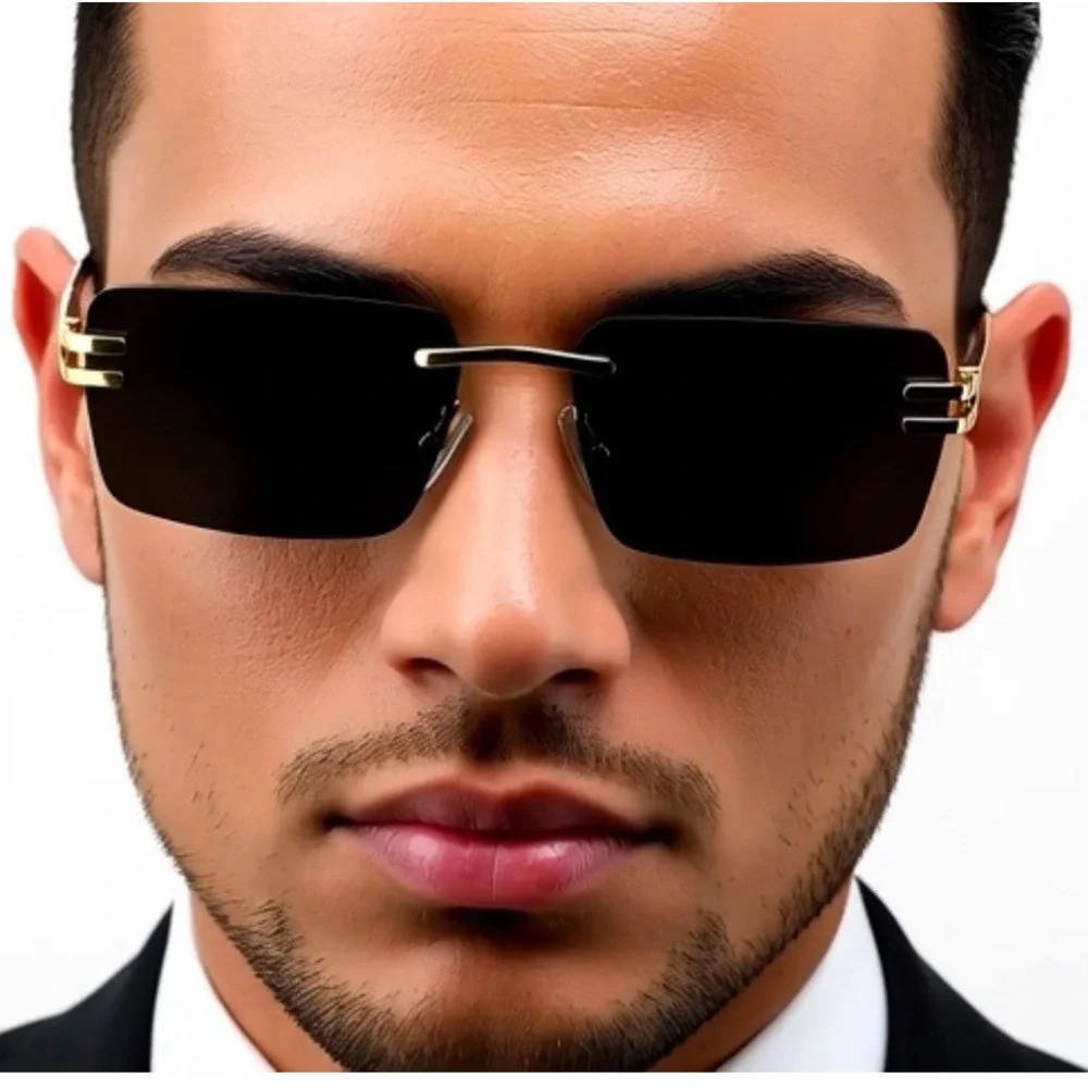 Men's Vintage Rimless Dark Black‎ Tint Gold Frame Woodgrain Hip Hop Sunglasses